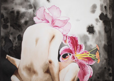 Watercolor painting of two human figures with pink flowers as heads having sex.