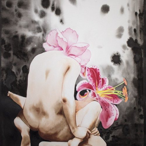 Watercolor painting of two human figures with pink flowers as heads having sex.