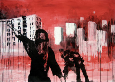 red black painting rebellious teens fighting police