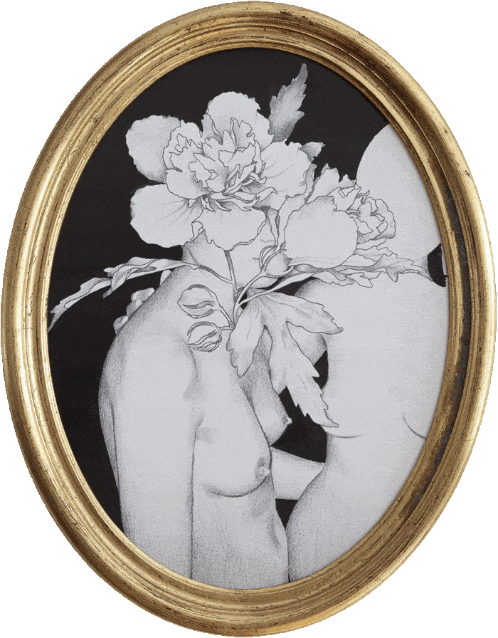 Drawing of two young women with a flower covering the face of one of them