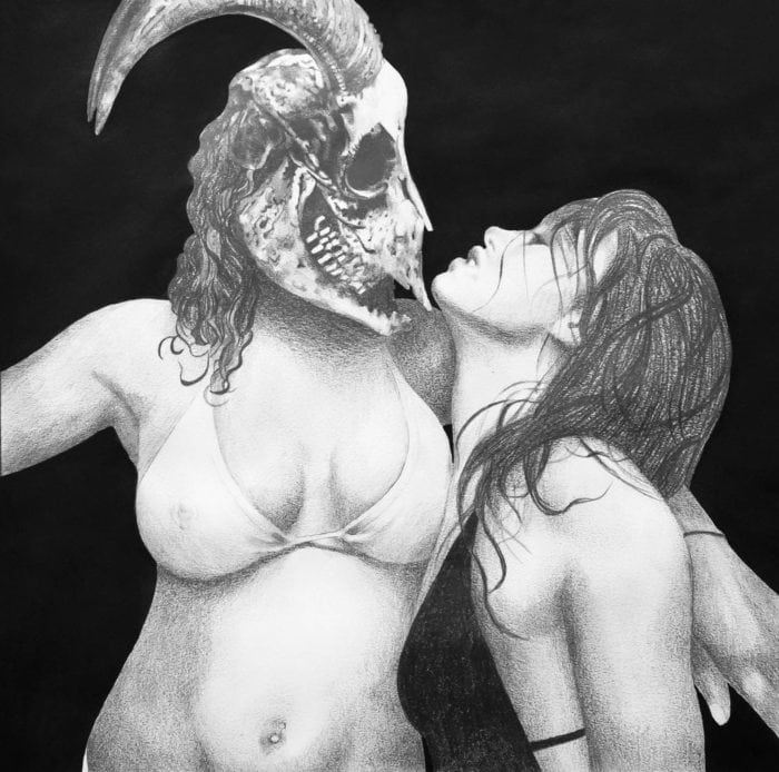 Drawing of two girls where one has a ram skull as a head, looking at each other