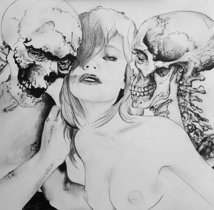 Pencil drawing by Jasmina Kirsch of a naked girl wth two skeletons