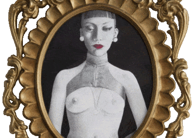 Portrait drawing of a woman with naked breasts and red lipstick looking down
