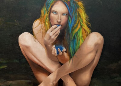 A naked woman sitting in a dark woodsy feeling place, her hair is colorful like a rainbow and she eats seemingly glowing berries.