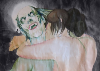 painting of a girl lovingly sucking the neck of a zombie