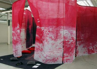 A large-scale spacial installation by artist Jasmina Kirsch, called the paradox of female sexuality. Featuring a large-scale painting, inside a spacial structure that forms a room. The shape is inspired by the womb, as are the red fabrics.