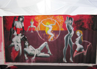 The roof and large scale painting inside the spacial art-Installation by female artist Jasmina Kirsch. Depicting 6 naked women . This work discusses the paradox of female sexuality