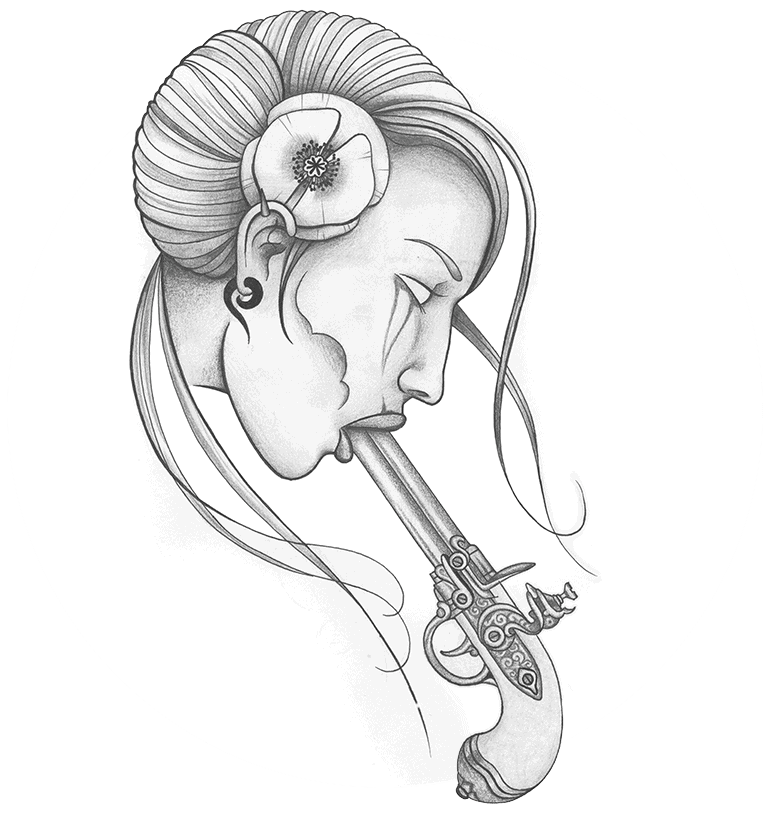 Tattoo flash drawing of a girl with a gun in her mouth. She has smeared makeup.