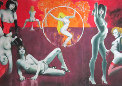 Painting by Jasmina Kirsch called: Paradox of female sexuality. Depicting 6 naked blueisch women in a red, orange and purple colored background.